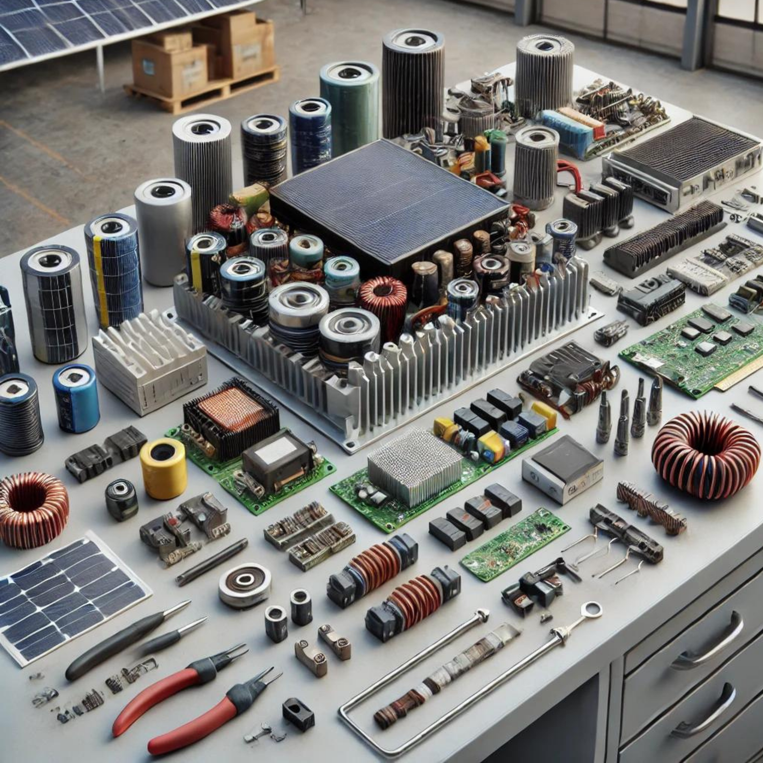 High-quality solar inverter spare parts including new and refurbished units, showcasing a variety of components such as inverters, circuit boards, and fuses, available at Inverterhub.